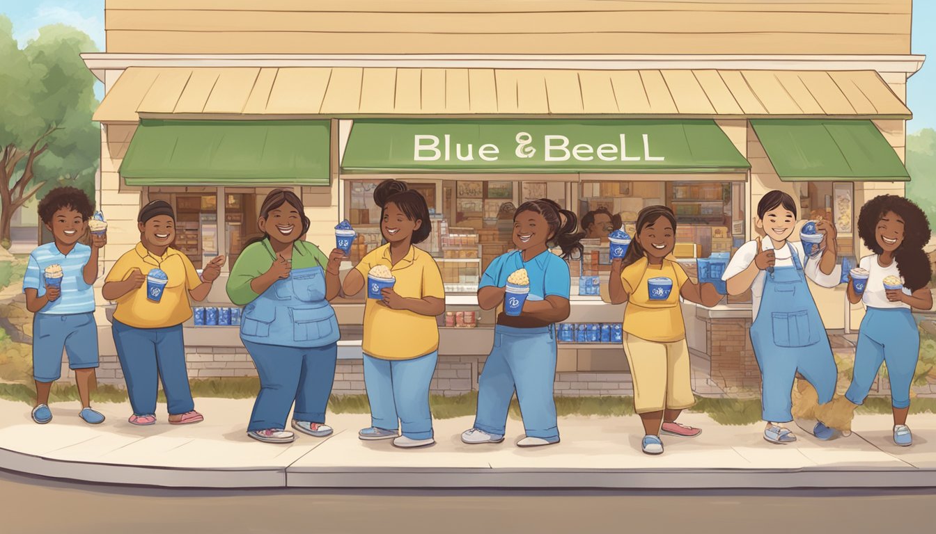 A group of people sampling Blue Bell ice cream at a store in Lewisville, TX. They are smiling and giving thumbs up while enjoying the creamy treat