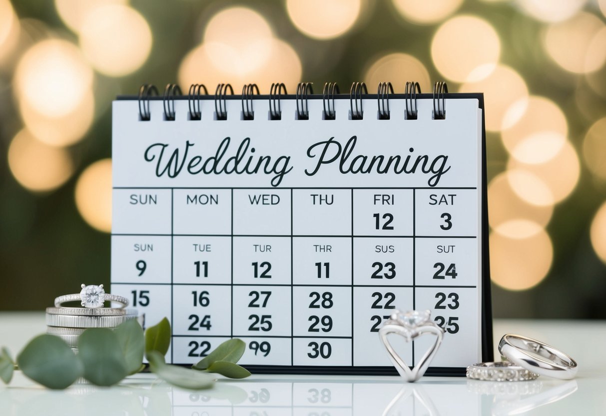 A calendar with wedding planning milestones, a ring, and a countdown to the wedding date