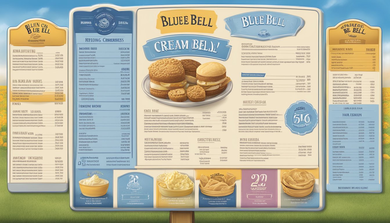 A colorful menu board with pricing information for Blue Bell Creameries in Sylacauga