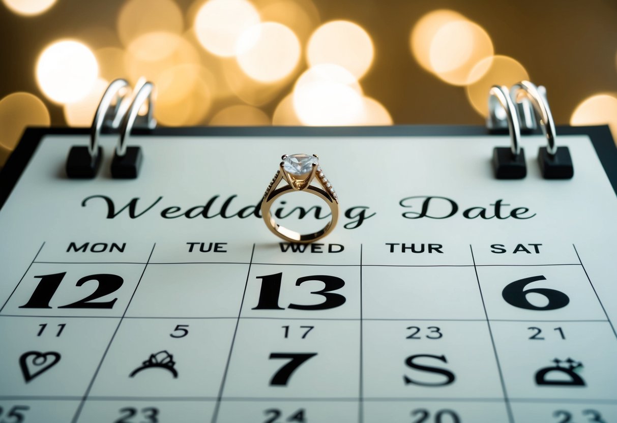 A calendar with a ring on the wedding date, surrounded by a countdown of days and various wedding-related symbols