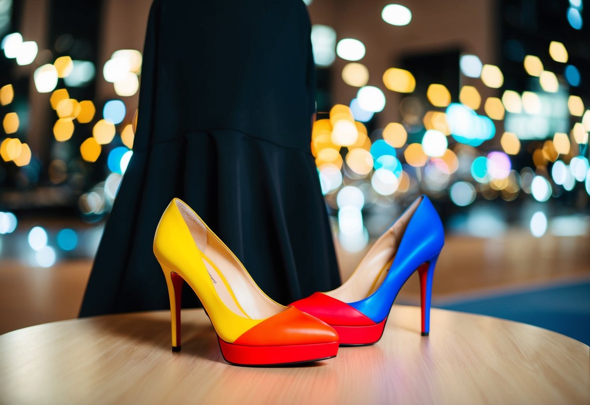 A black dress with vibrant, bold heels in shades of red, yellow, or blue