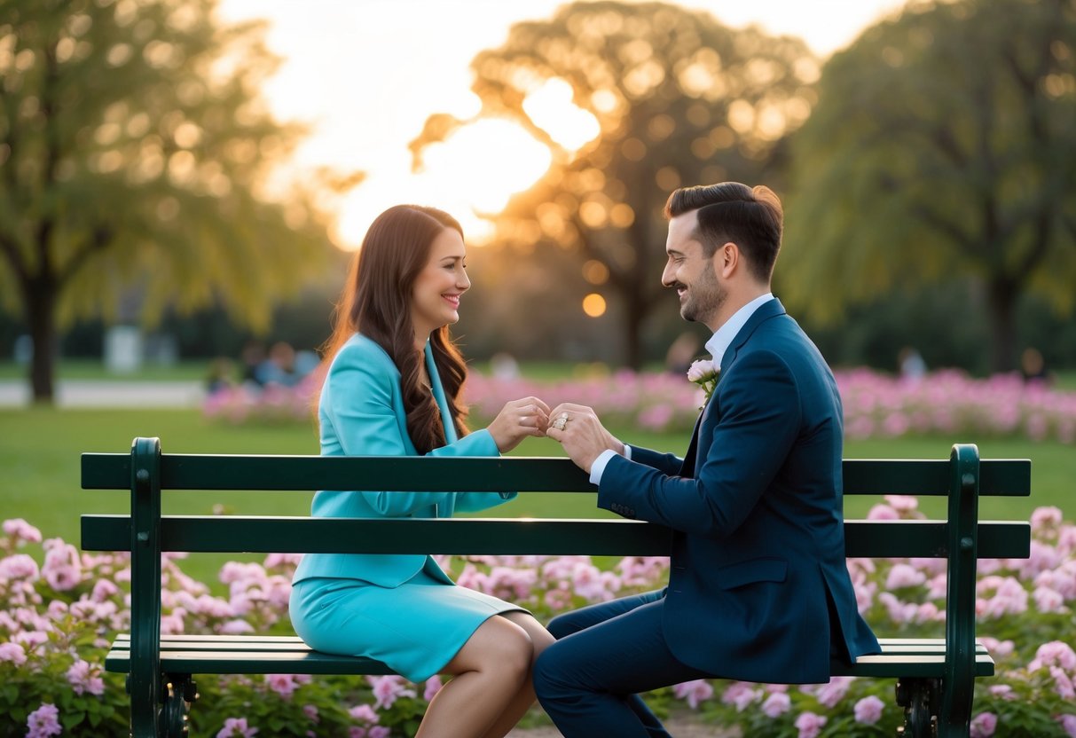 A couple sitting on a park bench, surrounded by blooming flowers and a setting sun, exchanging rings