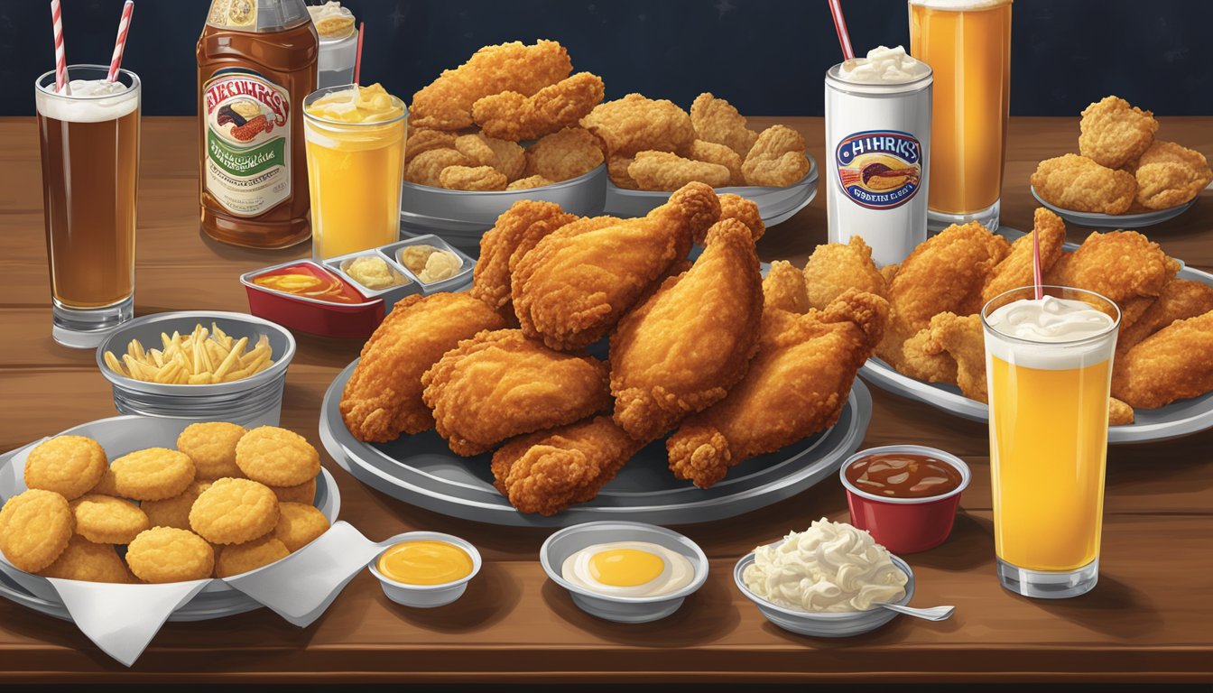 A table displaying a variety of fried chicken, biscuits, sides, and drinks, with the Church's Texas Chicken logo prominently displayed