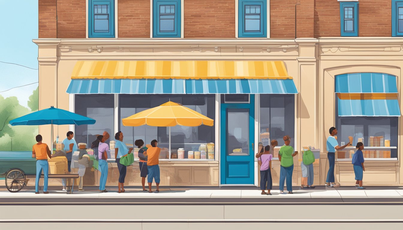 A sunny day at Blue Bell Creameries in San Antonio, with a colorful storefront and a line of customers waiting to buy ice cream