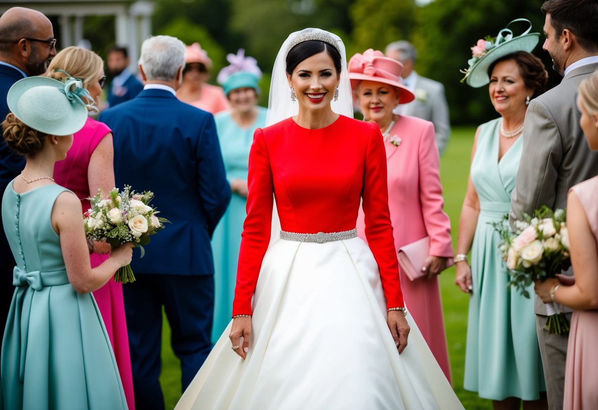 A person wearing a bright red dress at a wedding, surrounded by guests in muted and pastel colors