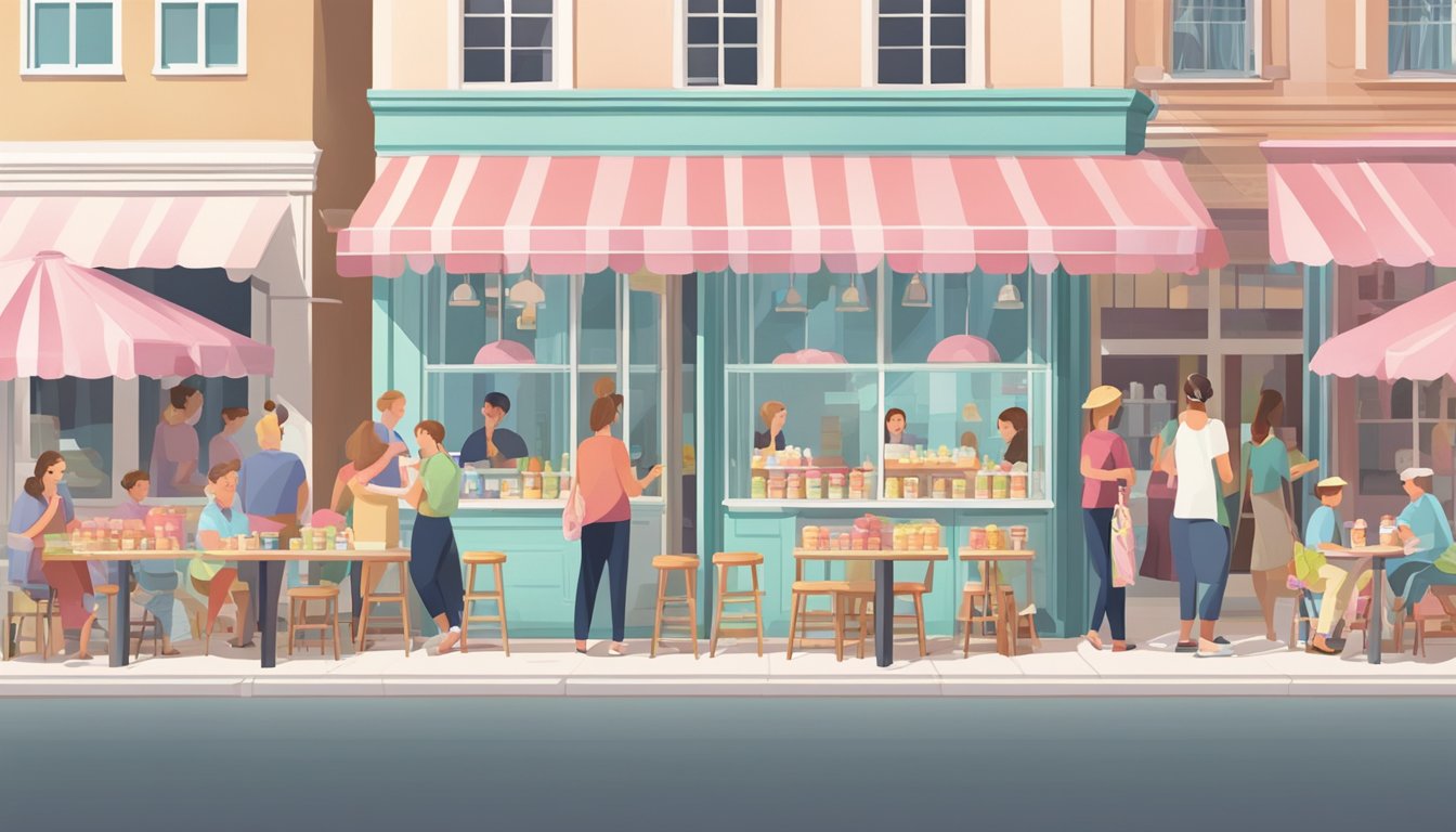 A bustling local ice cream shop with a line of customers outside, surrounded by happy families enjoying their treats at outdoor tables