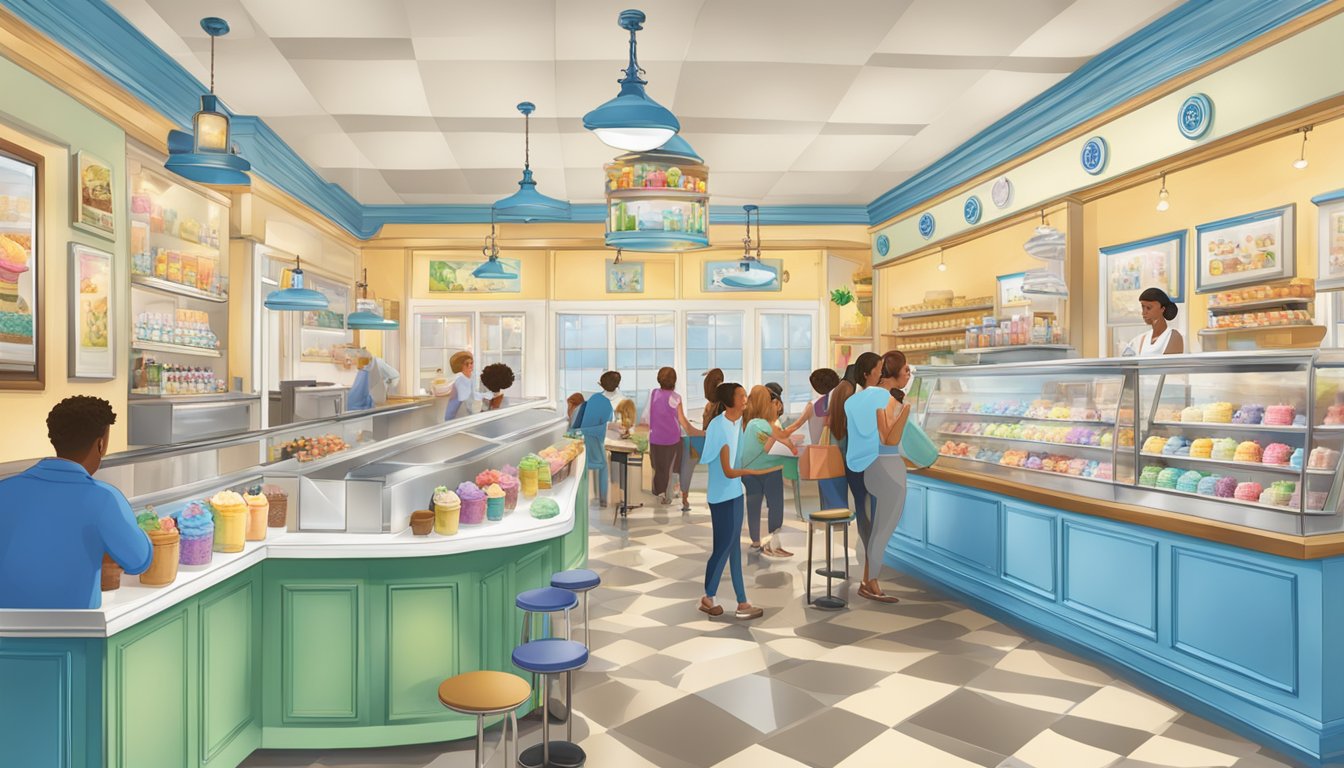 A bustling ice cream parlor with colorful decor, customers enjoying treats at tables, and a display case filled with various flavors of Blue Bell ice cream