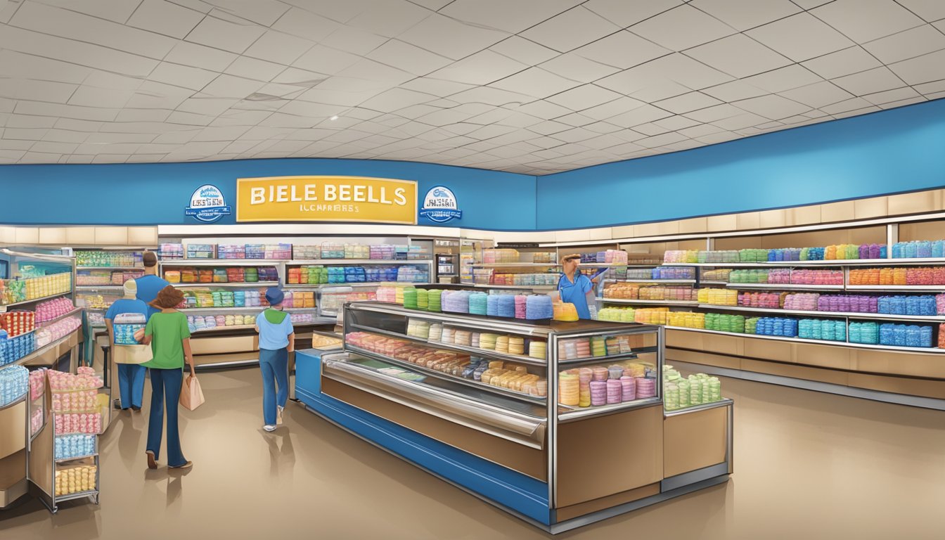 A bustling blue bell creameries store in San Antonio, filled with colorful merchandise and shelves stocked with various ice cream products