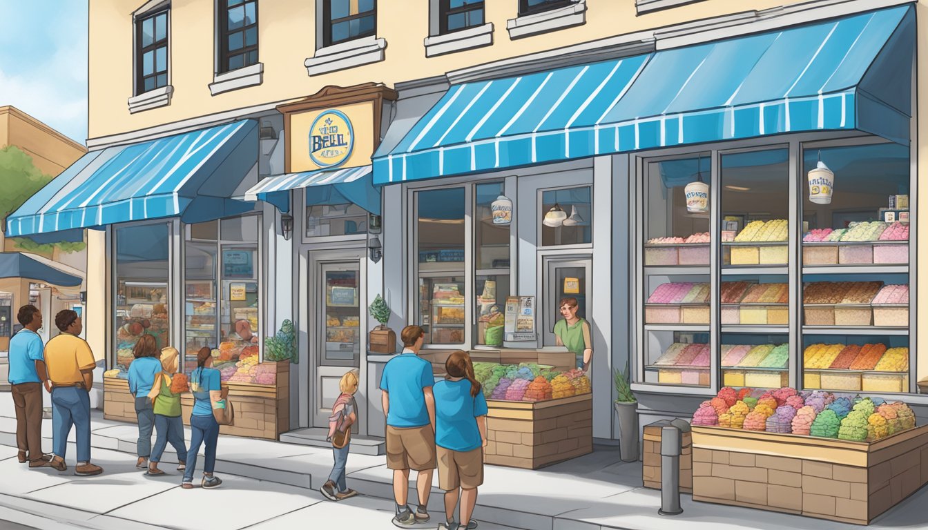 A bustling Blue Bell Creameries storefront in San Antonio, with a colorful display of ice cream flavors and a line of eager customers