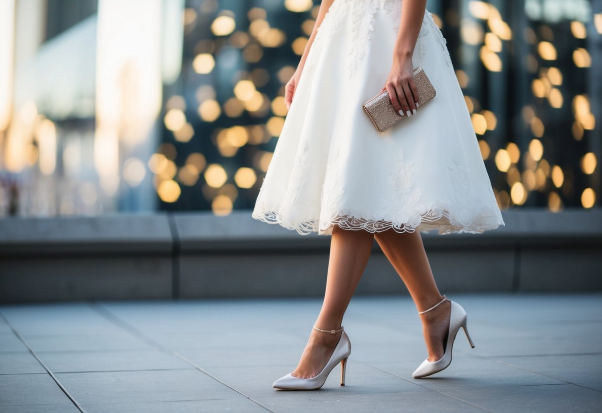 A bride wearing a white knee-length dress with delicate lace detailing, paired with elegant heels, and carrying a small clutch