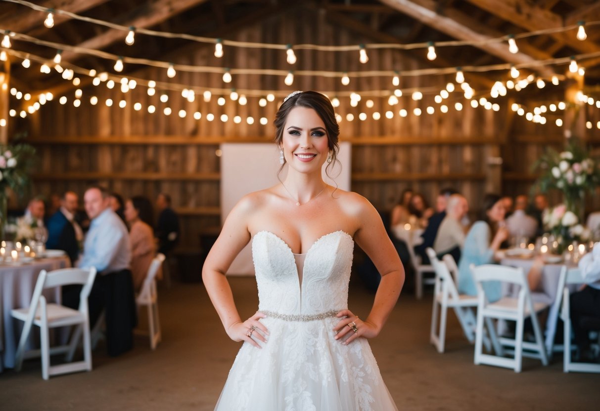 A bride wearing a elegant white dress at a rustic-themed rehearsal dinner venue with string lights and floral decorations