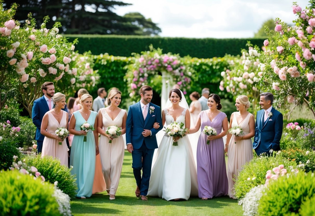 A garden wedding with guests in pastel and jewel-toned attire, surrounded by blooming flowers and lush greenery