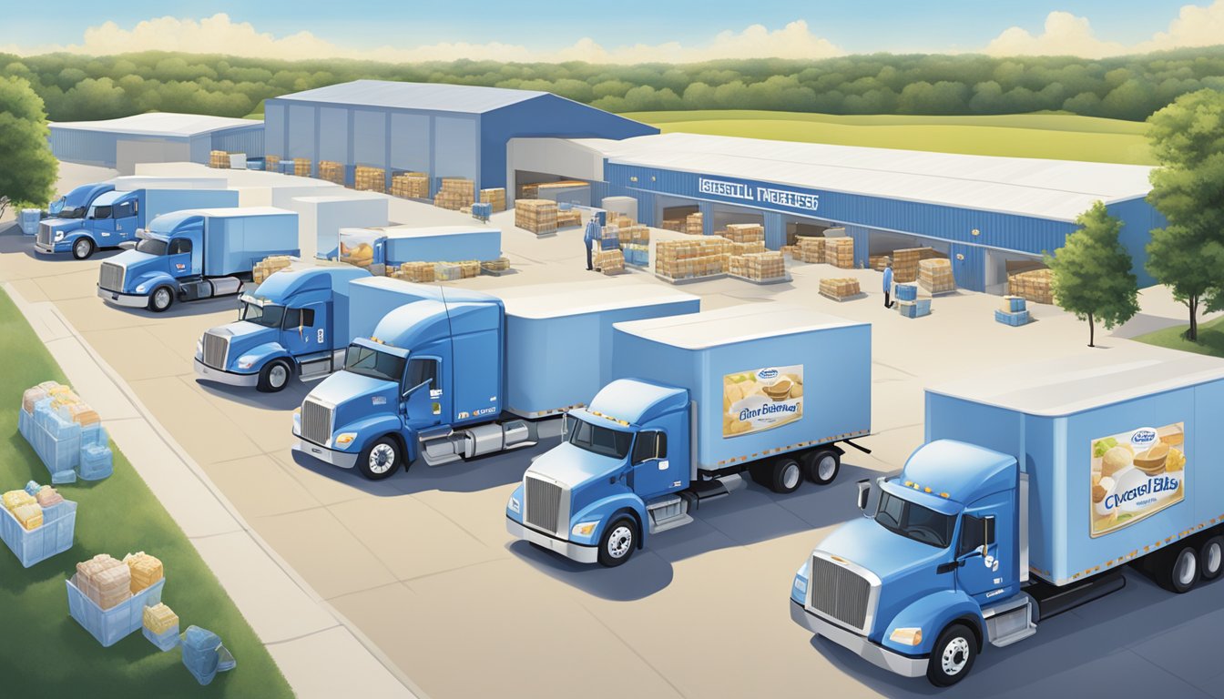 A bustling distribution center with Blue Bell Creameries trucks loading and unloading crates of ice cream under a bright blue sky