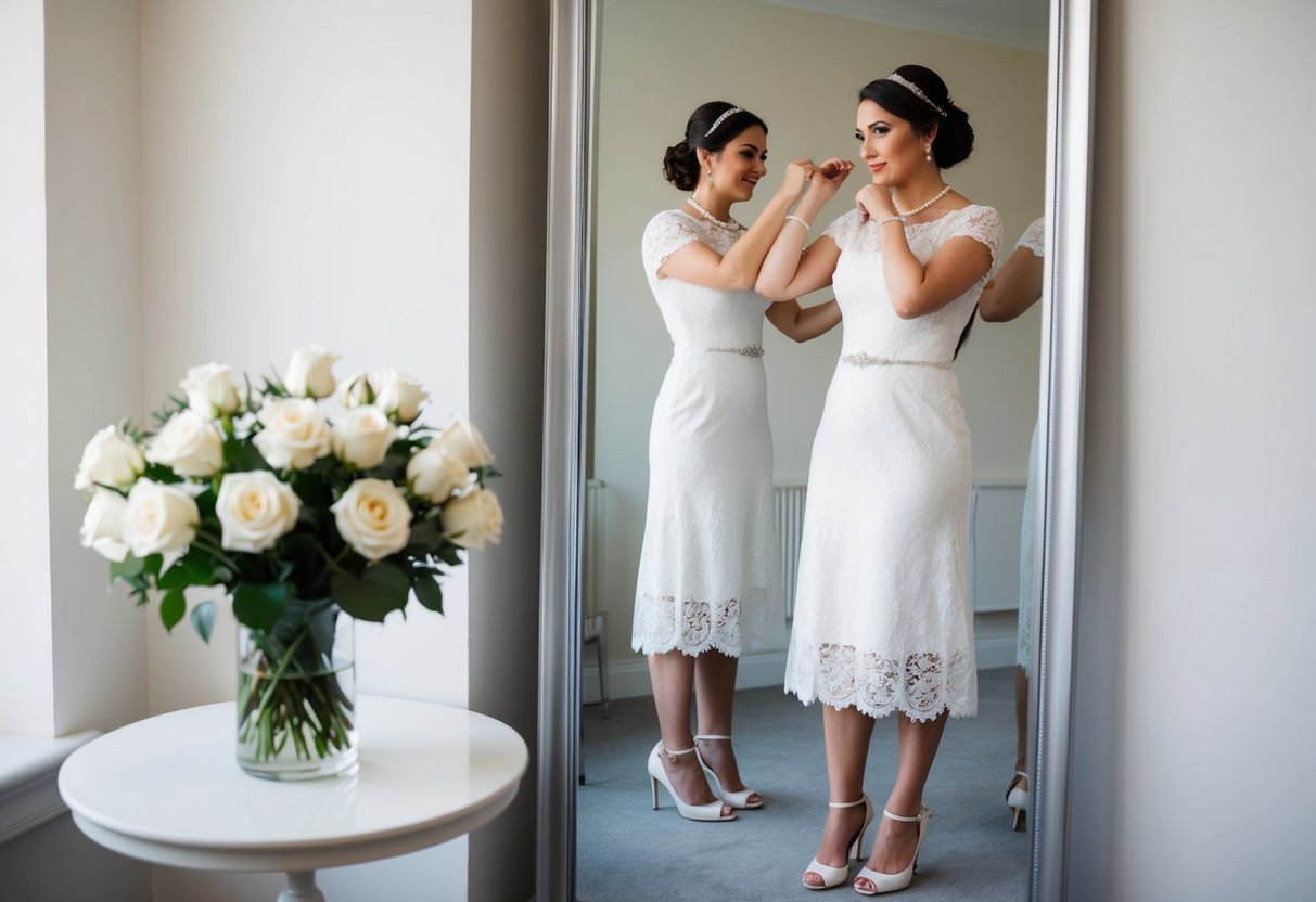 A bride in a white lace dress and heels stands in front of a full-length mirror, adjusting a delicate pearl necklace. Bouquet of white roses on a nearby table