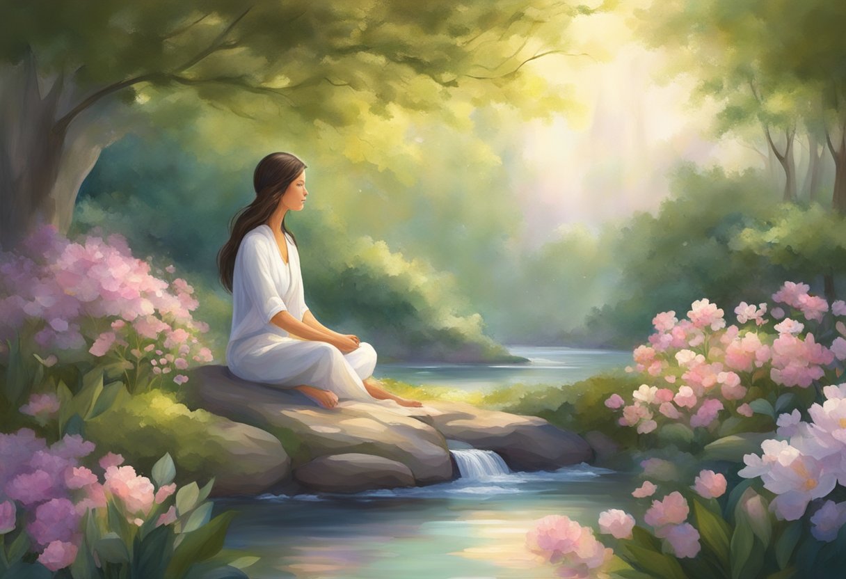 A serene figure sits cross-legged in a tranquil garden, surrounded by blooming flowers and a gentle stream, with a radiant aura of peace and clarity emanating from within