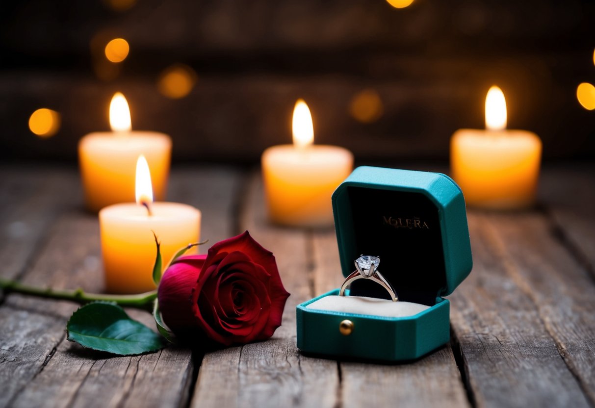 A ring box sits on a rustic wooden table, surrounded by flickering candlelight. A single red rose lies next to it, petals unfurling