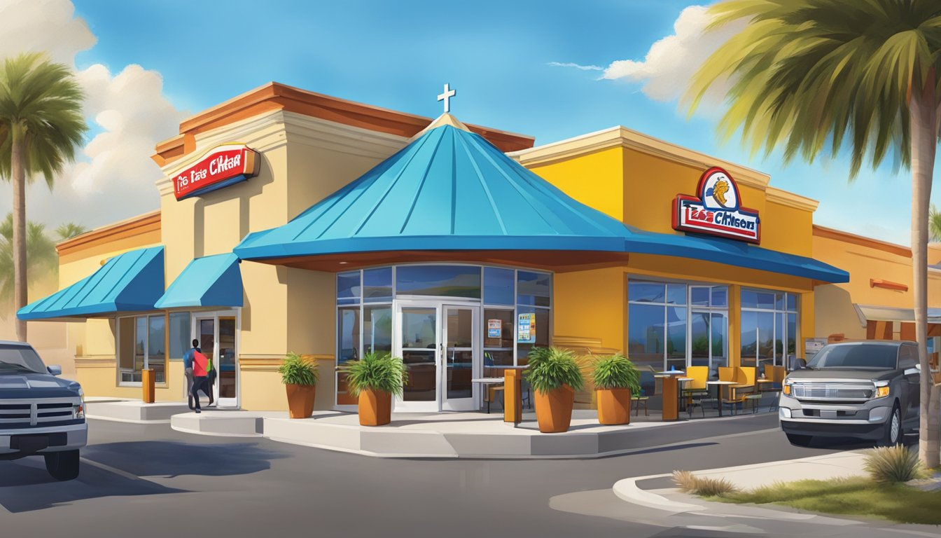 A bustling Church's Texas Chicken restaurant in Modesto, with a drive-thru and outdoor seating, surrounded by palm trees and a bright blue sky