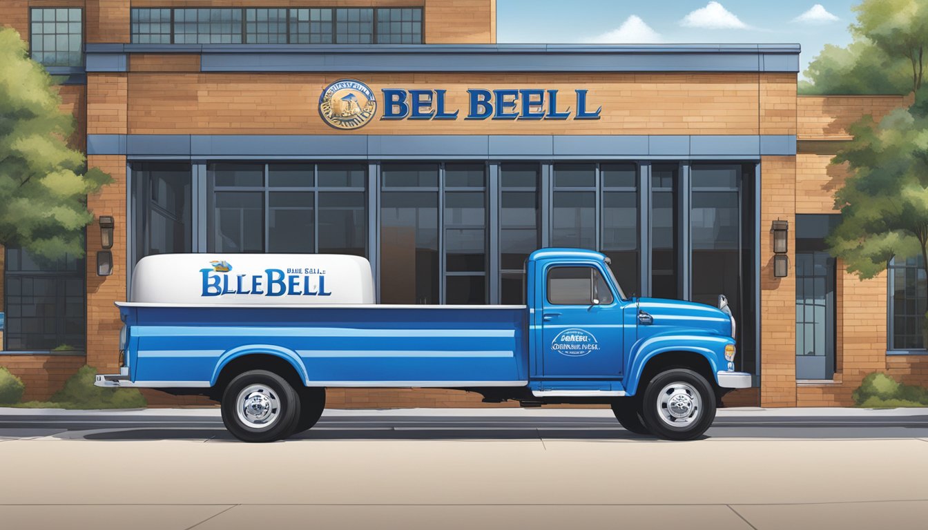 A bright blue and white truck parked outside a modern industrial building with the Blue Bell Creameries logo prominently displayed