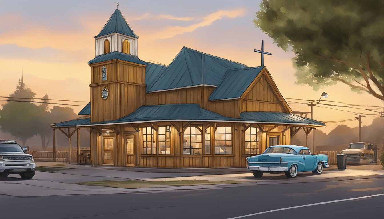 A rustic Texas Chicken restaurant nestled next to a quaint church in Modesto, easily accessible from the main road