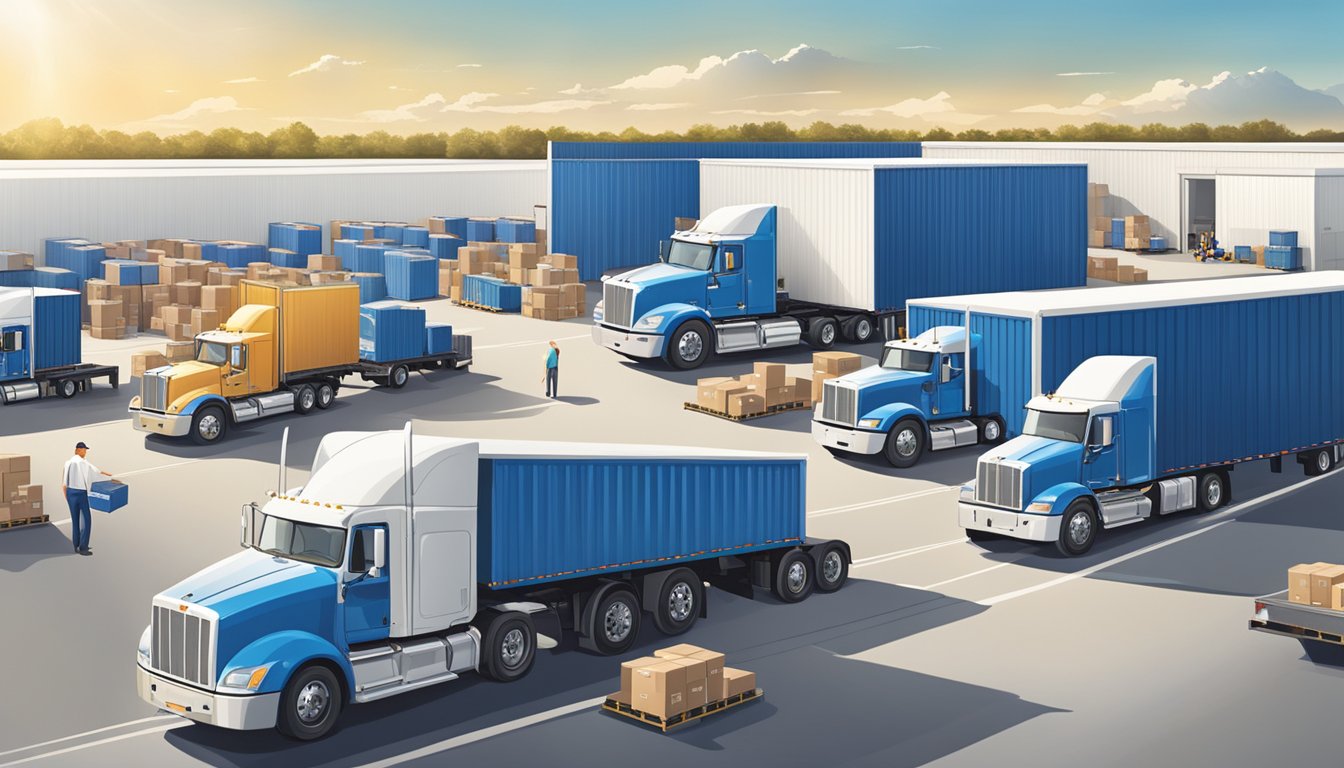 A bustling distribution center with blue and white trucks loading and unloading products under the bright Texas sun