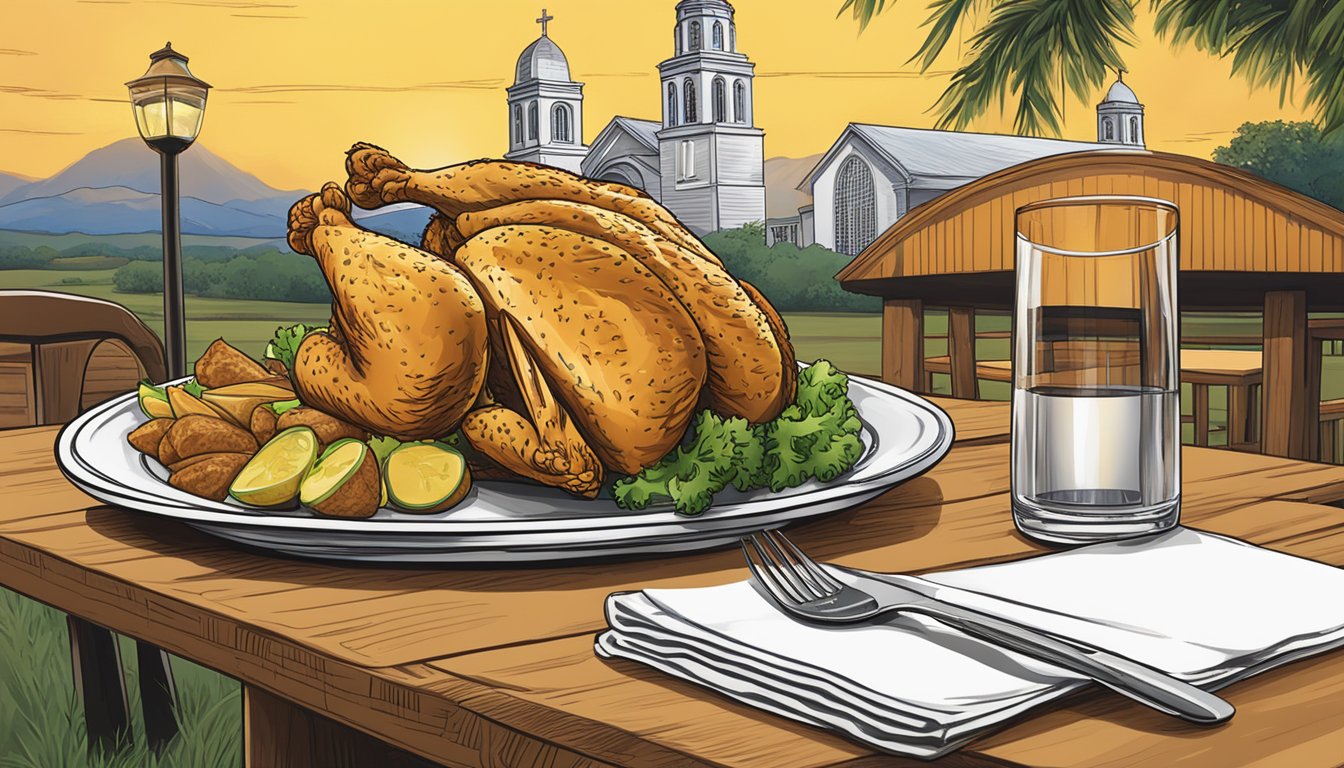 A table set with a plate of Texas chicken and a menu highlighting the dish, with the church's name in the background