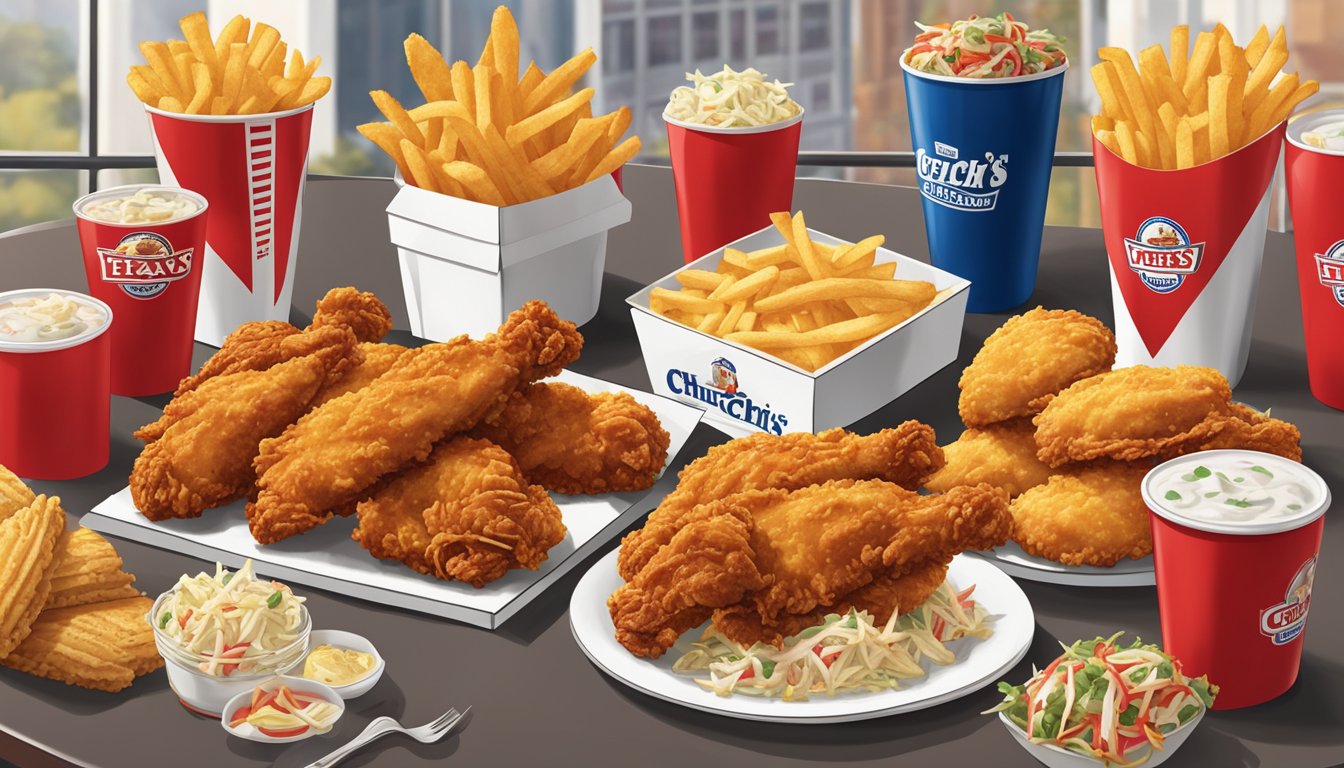 A table filled with crispy fried chicken, biscuits, fries, and coleslaw, surrounded by the iconic red and white branding of Church's Texas Chicken