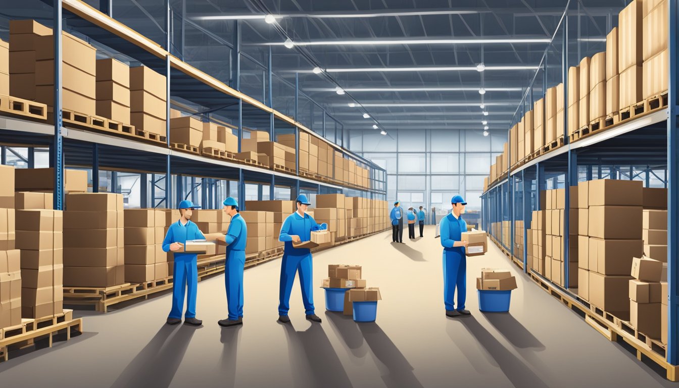 A bustling distribution warehouse with workers inspecting and packaging blue bell creameries products according to strict quality and safety standards