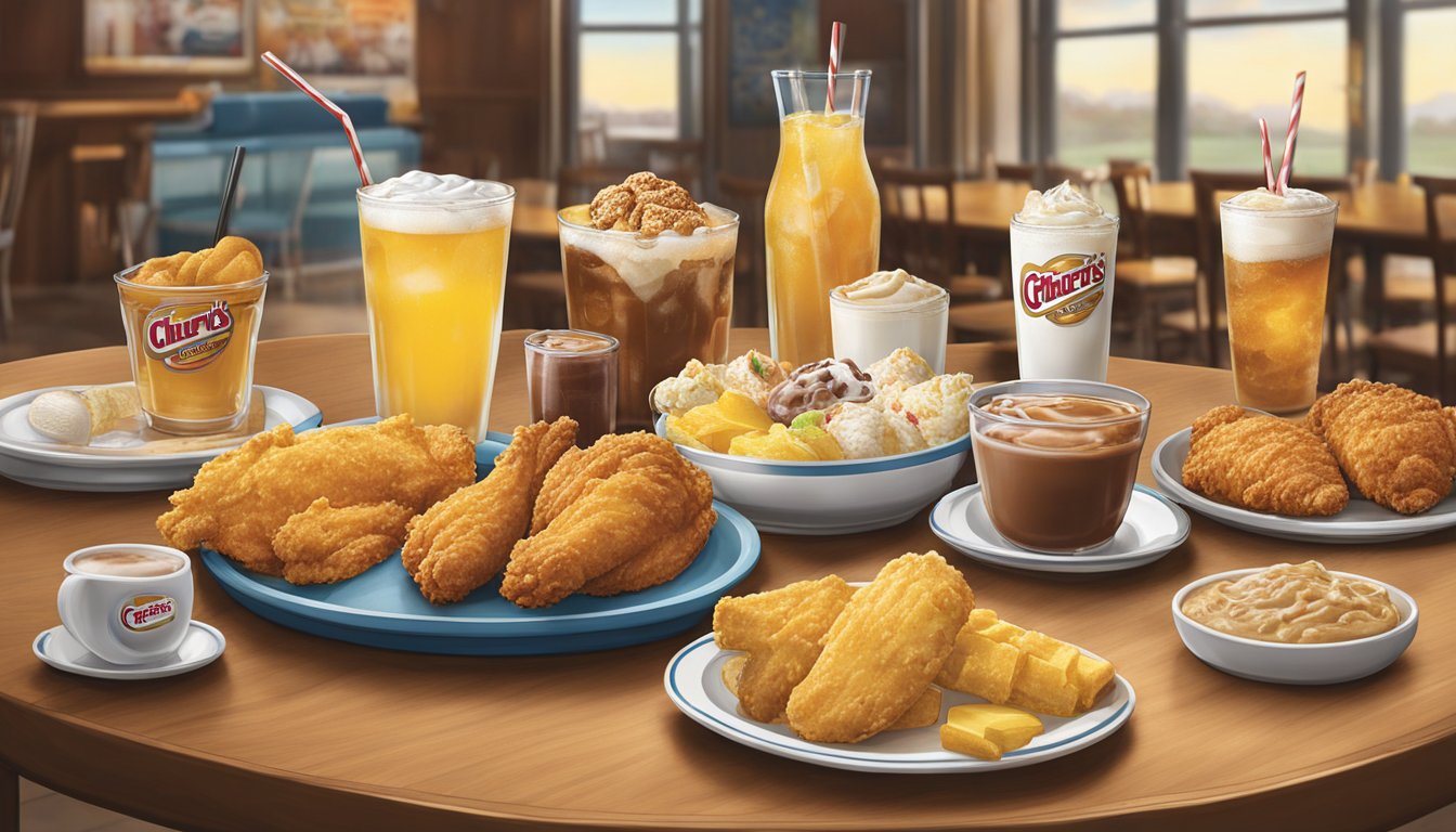 A table with a variety of beverages and desserts from Church's Texas Chicken menu