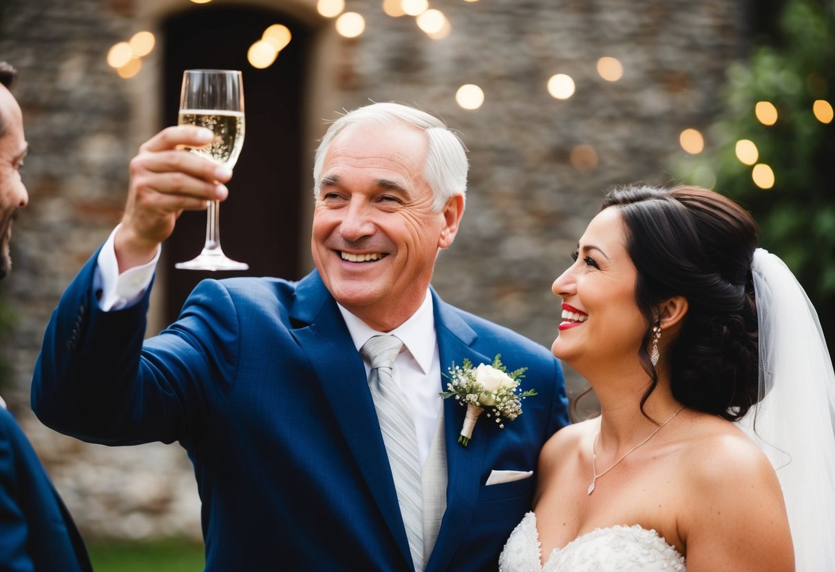 A father raises a glass in a toast, smiling proudly at his son and new daughter-in-law