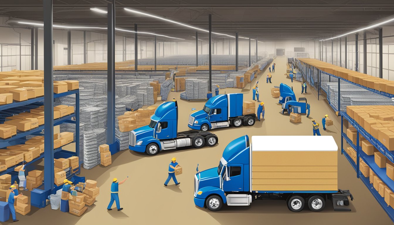 A bustling distribution center with workers loading blue bell creameries products onto trucks