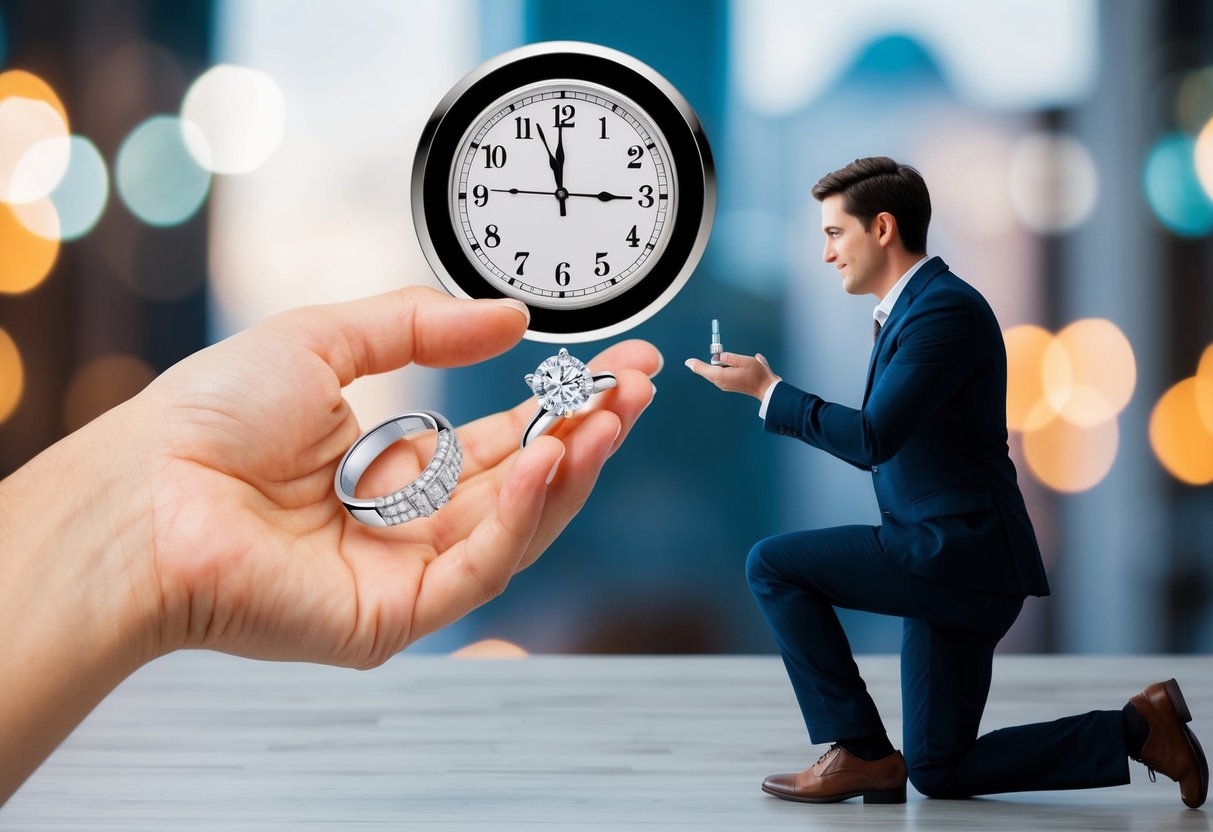 A hand holding a diamond ring, a clock showing the passage of time, and a person kneeling in a proposal gesture