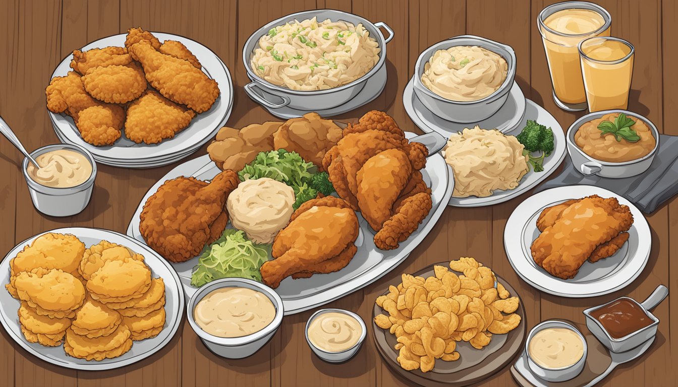 A table with a spread of Texas Chicken menu items, including fried chicken, biscuits, coleslaw, and mashed potatoes with gravy