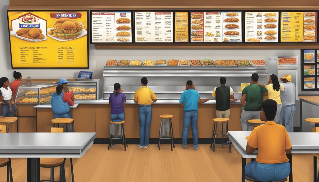 Customers line up at the counter to place their orders at Church's Texas Chicken in Modesto. The menu board displays various ordering options