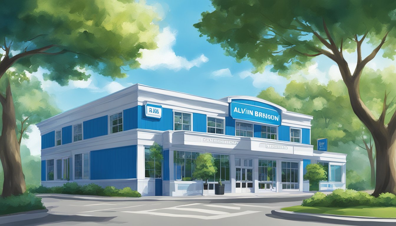 A bright blue and white building with a large sign reading "Alvin Distribution Branch" surrounded by lush green trees and a clear blue sky