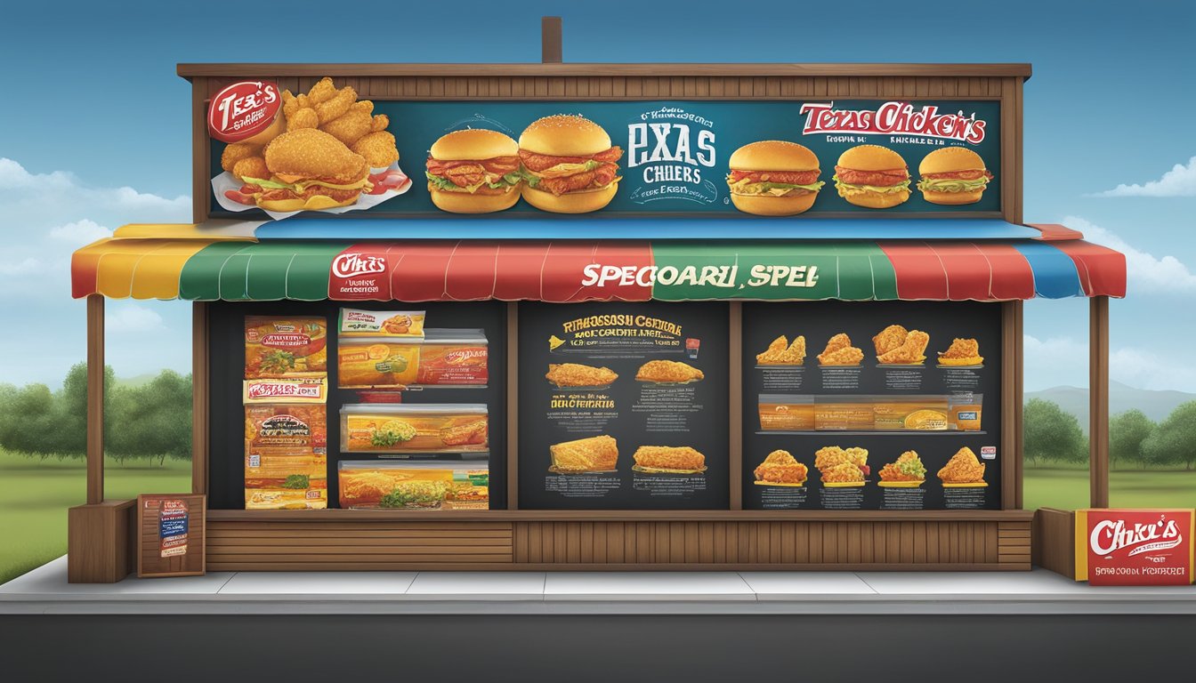 A colorful chalkboard displays Church's Texas Chicken specials and promotions