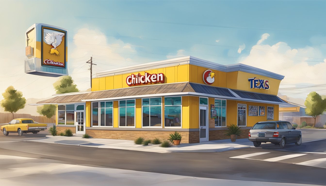 The Texas Chicken restaurant in Modesto, California, is open for business during its operational hours, with customers coming and going