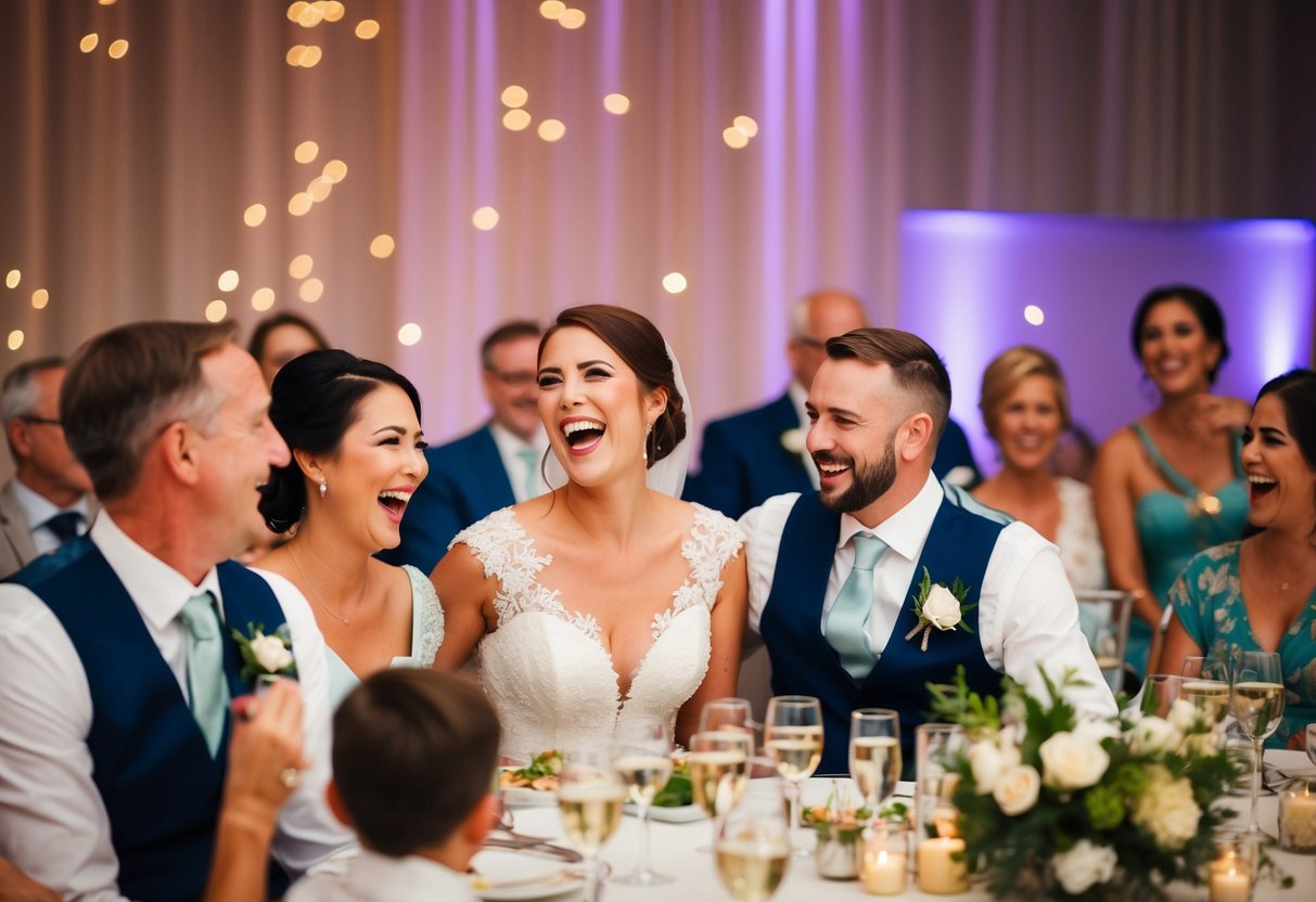 A joyous wedding reception with family and friends, filled with laughter and heartfelt speeches