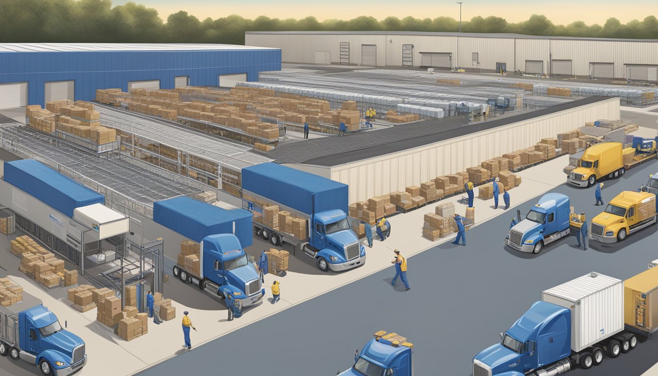 A bustling distribution center with blue bell creameries branding, trucks loading and unloading, workers organizing products