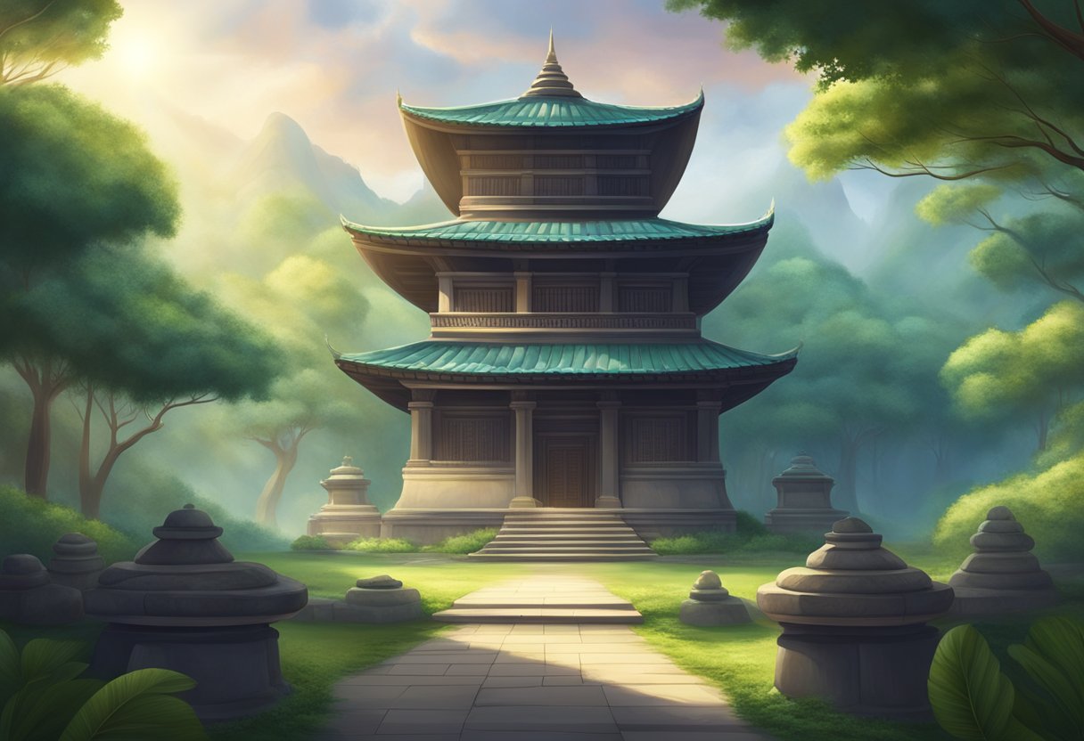 A serene, ancient temple surrounded by lush greenery, with a beam of light shining through the clouds onto a tranquil meditation space