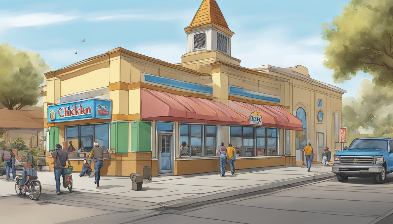 A bustling Texas Chicken restaurant adjacent to a modest church in Modesto, California