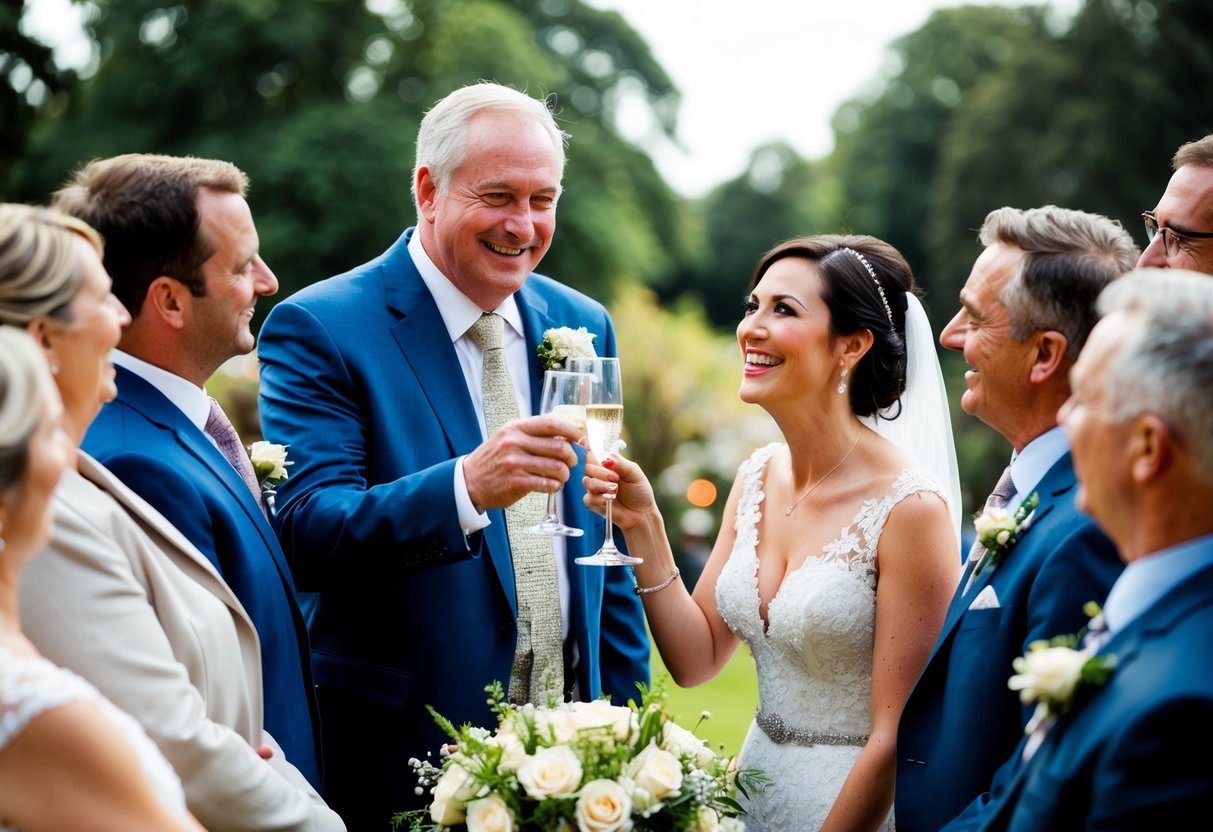 A father raises a glass in a toast, smiling proudly at his son and new daughter-in-law, surrounded by family and friends