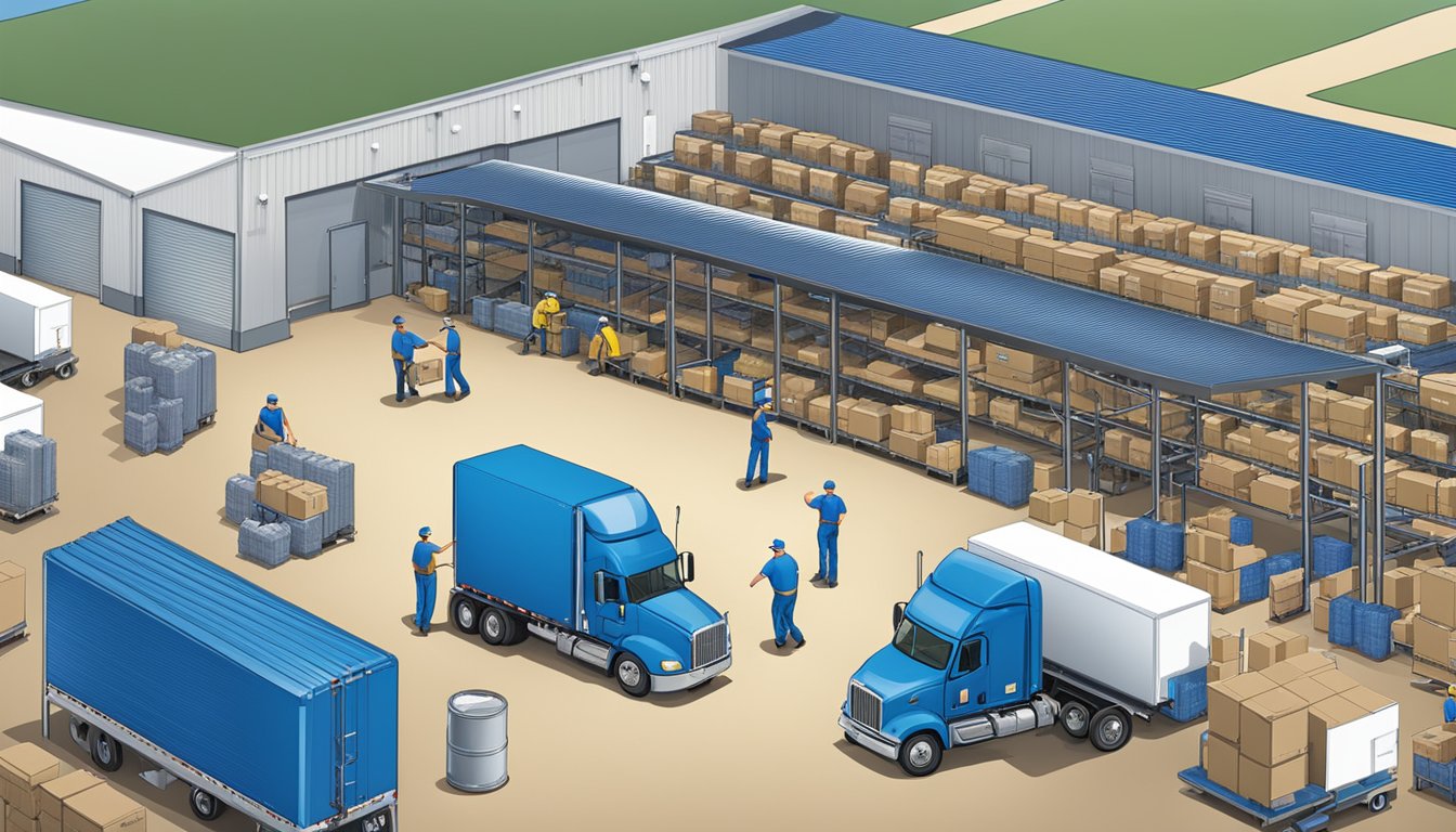 A busy distribution center with workers loading Blue Bell Creameries products onto trucks. Refrigerated storage units line the warehouse, and the Blue Bell logo is prominently displayed