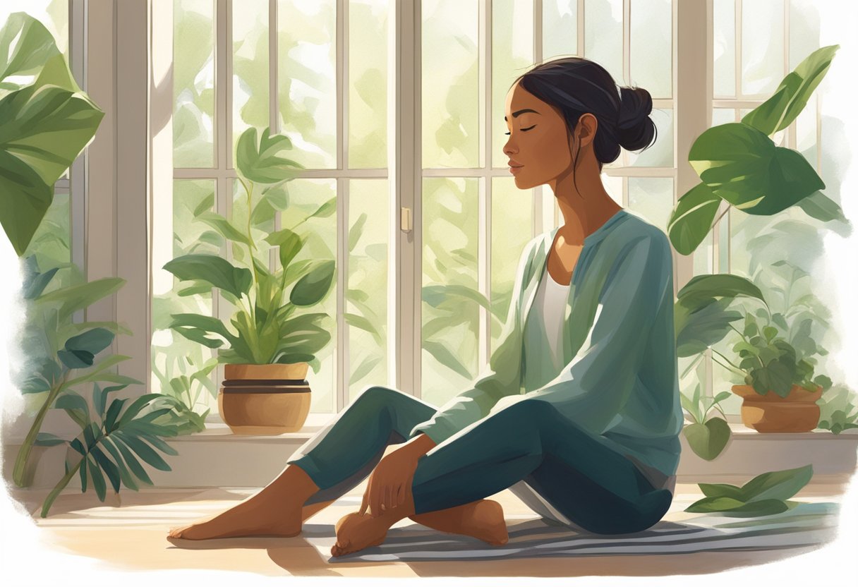 A serene figure sits cross-legged in a sunlit room, surrounded by lush greenery and soft, natural elements. Rays of light stream in through the window, creating a peaceful and tranquil atmosphere