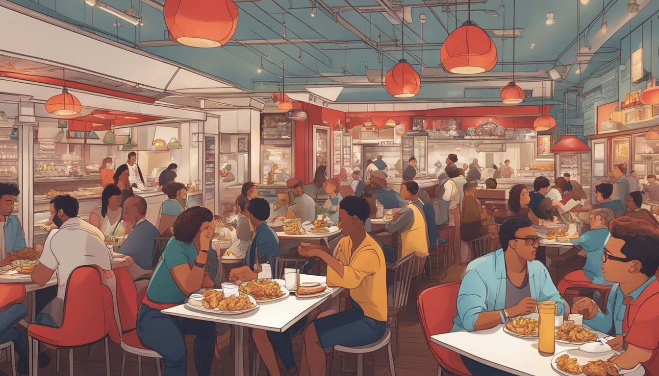 A bustling restaurant with red and white decor, filled with people enjoying crispy fried chicken and savory sides