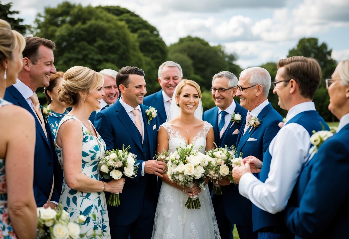 A group of well-dressed family and friends gather around a newlywed couple, offering heartfelt wishes and advice in a joyous wedding celebration
