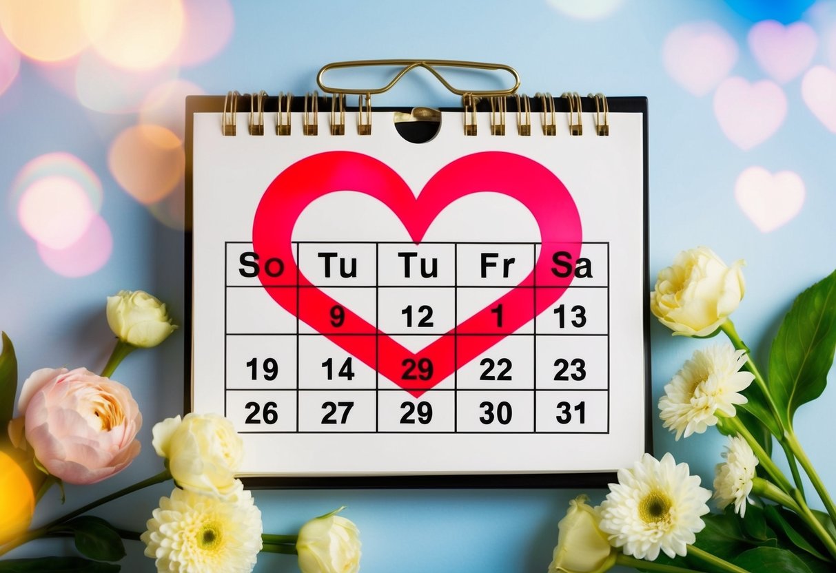 A calendar with a heart-shaped date circled, surrounded by wedding symbols and flowers