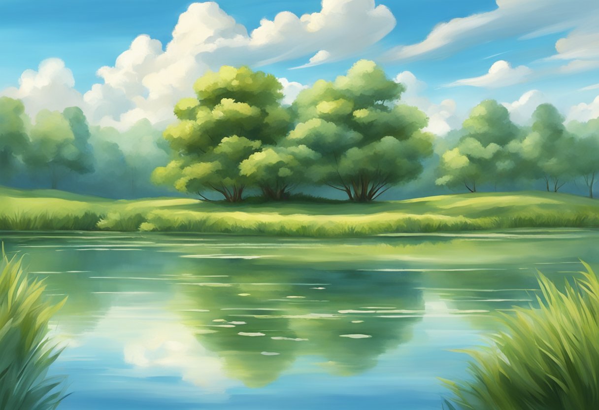 A serene landscape with a tranquil pond surrounded by lush greenery, under a clear blue sky with wispy clouds, evoking a sense of peace and mindfulness