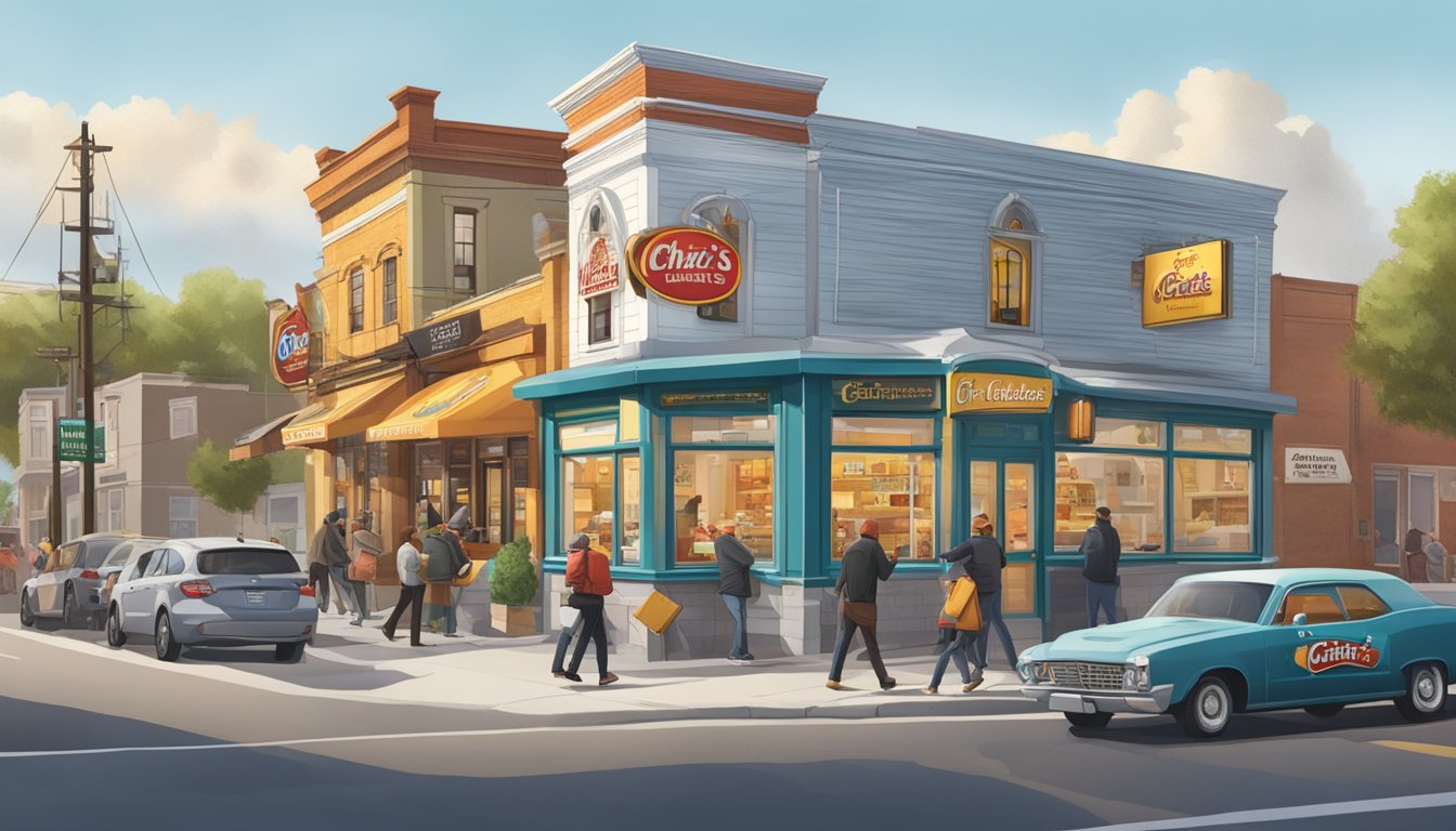 A bustling street corner with two distinct church's chicken restaurants facing each other, each with its own unique signage and branding