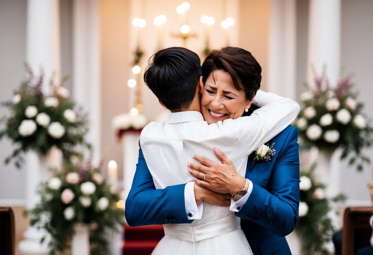 A mother embraces her son, smiling with tears in her eyes, as they stand in front of a beautiful wedding altar