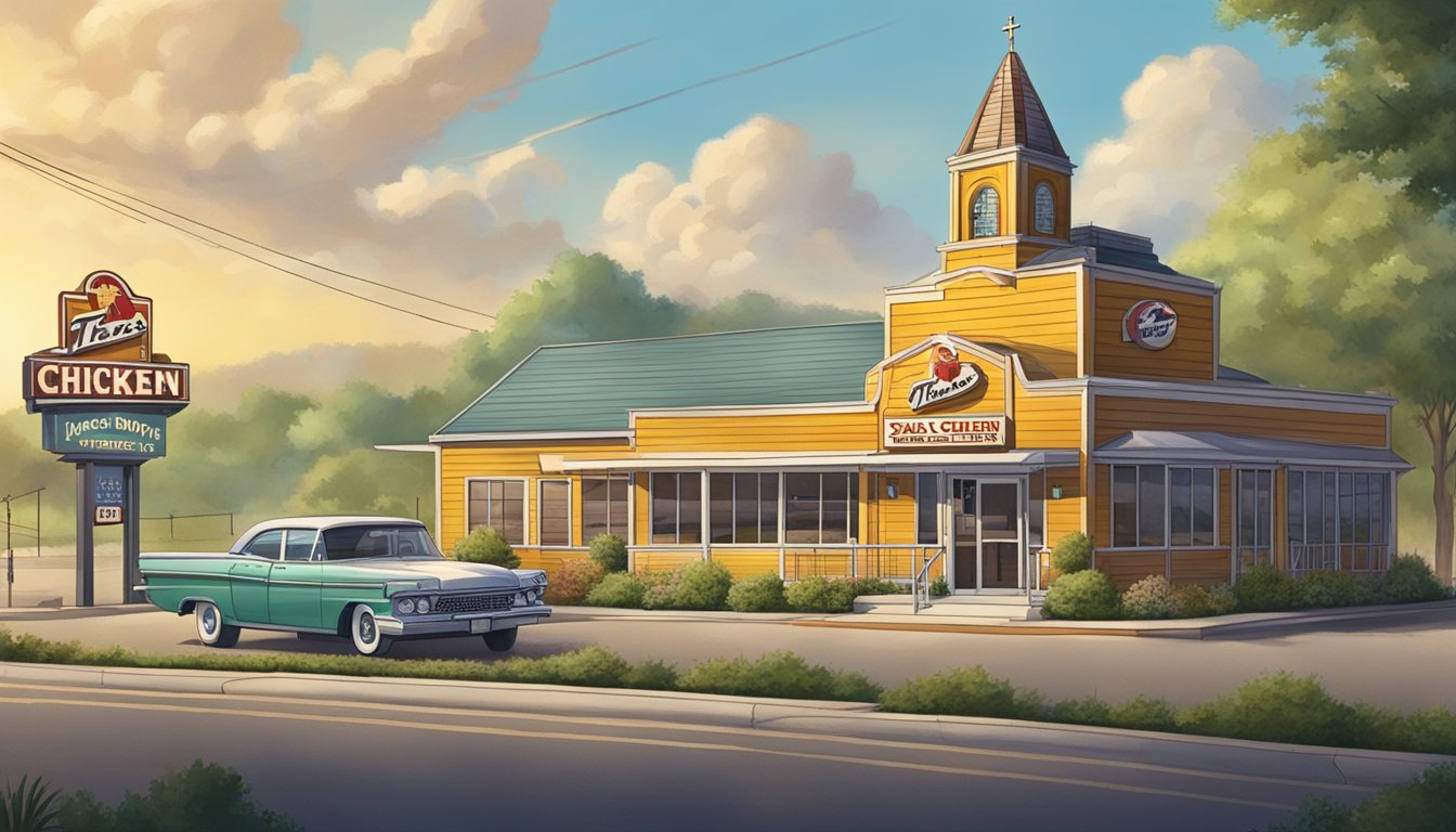 A vintage Texas Chicken restaurant in Washington, with a prominent church in the background